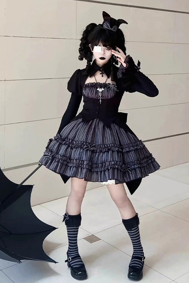 Black [Duke of the Trap Rabbit] Long Sleeves Stripe Print Ruffle Bowknot Lace Gothic Lolita Dress