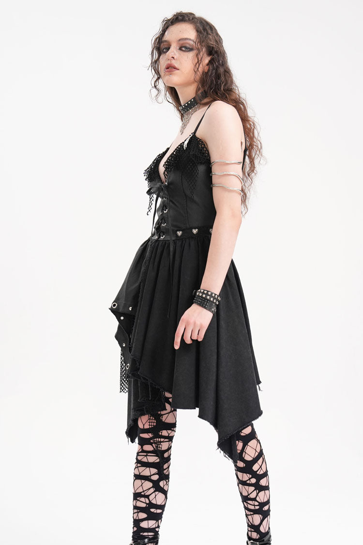 Black Sleeveless Lace Irregular Mesh Women's Gothic Slip Dress