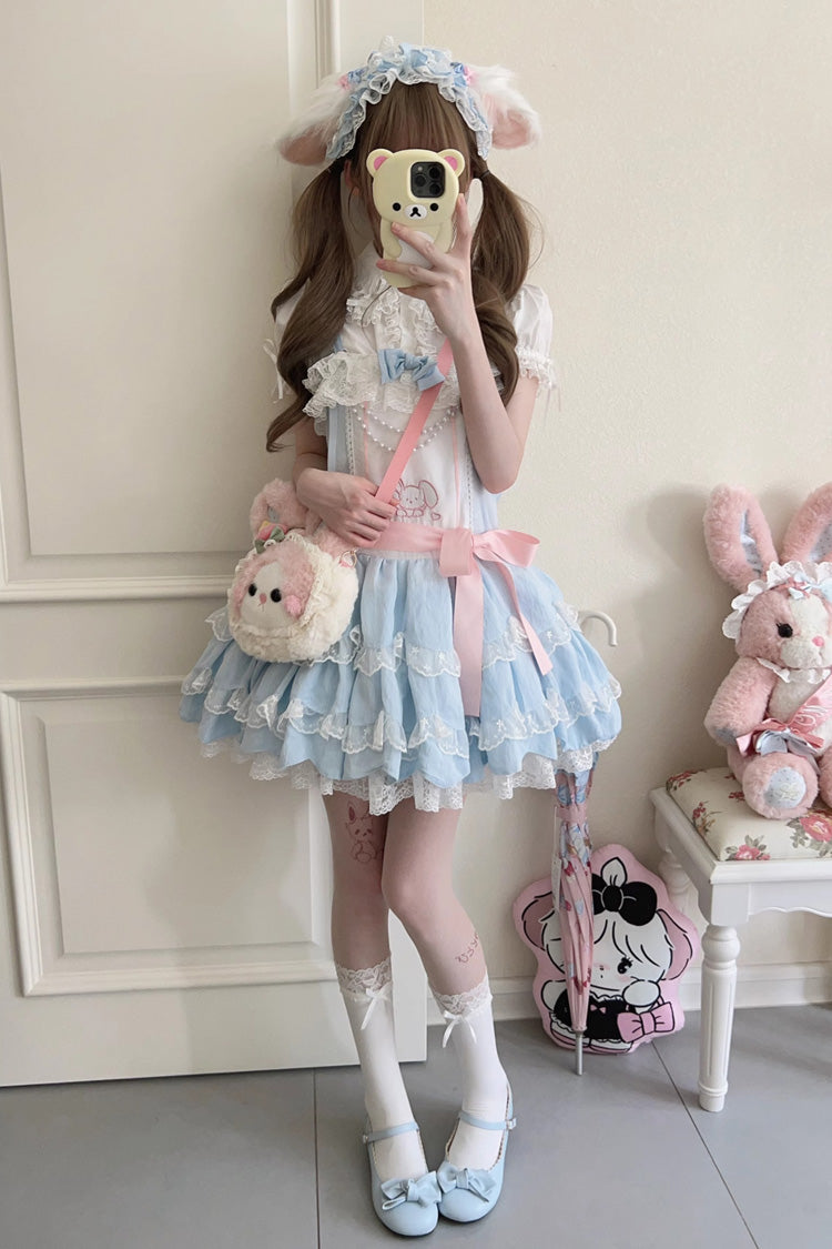 Blue Sleeveless Double-Layered Ruffle Rabbit Embroidery Bowknot Lace Sweet Lolita Jsk Dress