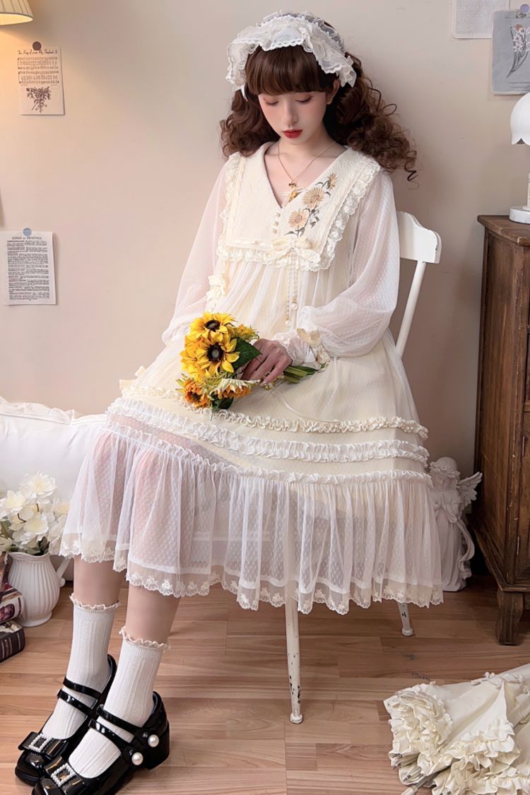 Elfenbein [Sunflower Diary] Langärmliges Rüschenstickerei Schleife Spitzen Chiffon Süßes Prinzessin Lolita Kleid