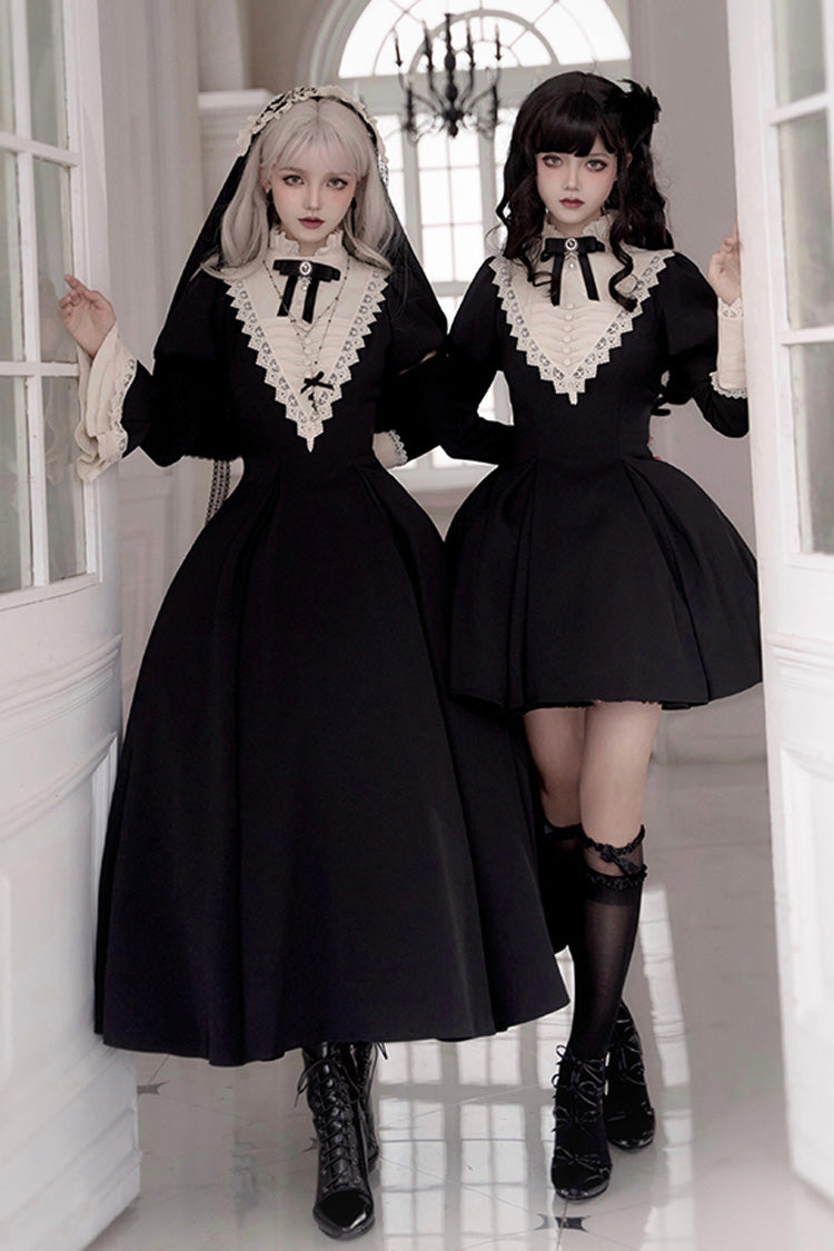 Schwarzes [Letters and Poems·Nocturne] Nonnenkleid mit langen Ärmeln und Rüschen im Gothic-Lolita-Stil