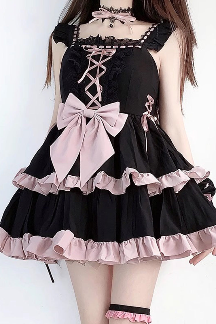 Black/Pink Double Layer Ruffle Bowknot Lace-Up Sweet Princess Lolita Jsk Dress