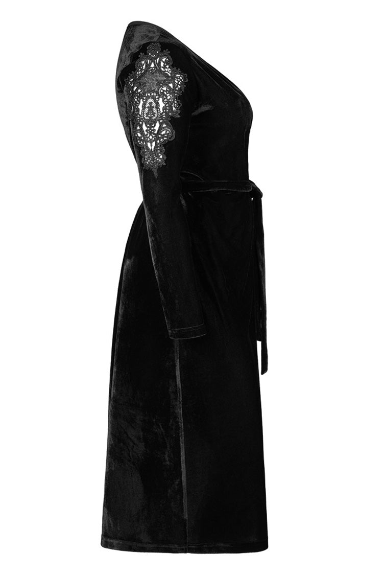 Black Velvet Sexy V-Neck Hollow Out Exquisite Applique Hem Slit Design Corded Long Women's Plus Size Gothic Dress