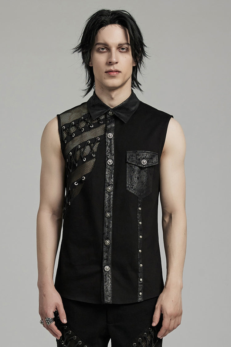 Black Hollow Stitching Lace-Up Mesh Men's Punk Vest