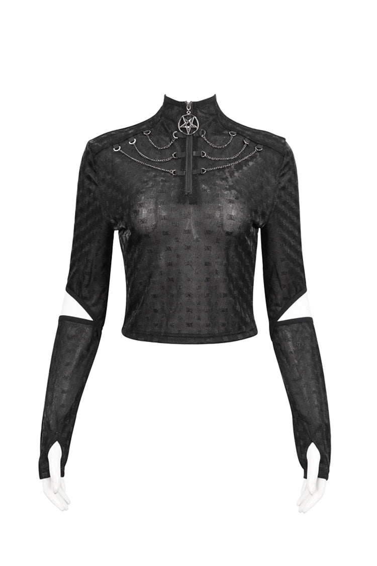 Black Mid-High Collar Front Neck Zipper Hanging Chain Mesh Fabric Long Sleeve Women's Punk T-Shirt