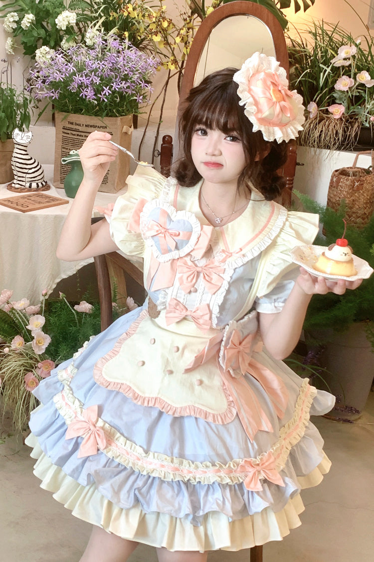 Cookies Short Sleeves Maid Ruffle Bowknot Sweet Lolita Tiered Dress 2 Colors