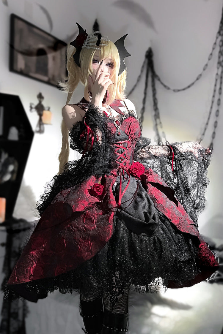 Black/Red [Weeping Rose] Jacquard Print Ruffle Cardigan Bowknot Lace-Up Gothic Lolita Dress