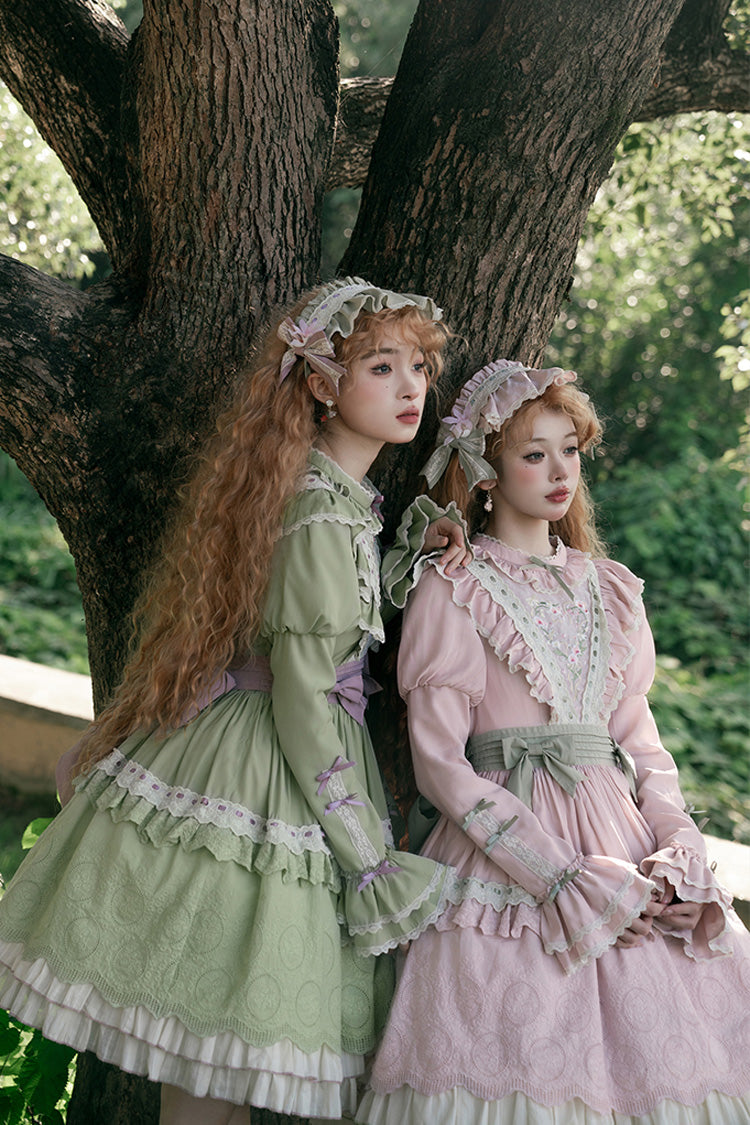 Green [Solitary Orchid In Quiet Valley] Long Sleeves Multi-Layered Embroidery Bowknot Sweet Lolita Dress