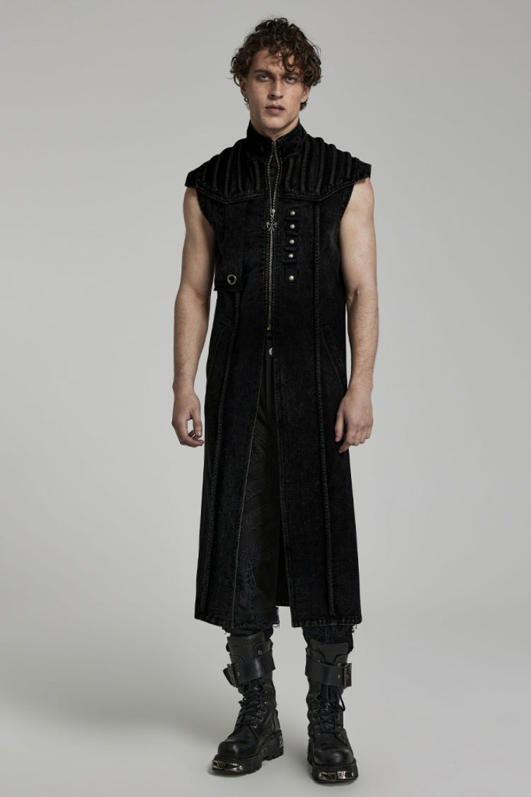 Black Stand Collar High Waisted Slim Men's Gothic Long Vest