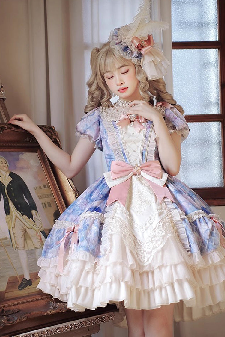 [Angel Heart Sky Oil Painting] Print Ruffle Cardigan Bowknot Sweet Princess Lolita Dress 3 Colors