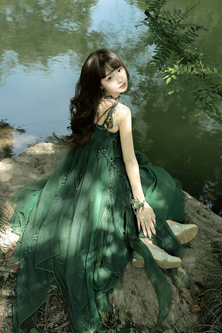 Green Forestry Asymmetric Hem Sweet Chinese Style Lolita Jsk Dress