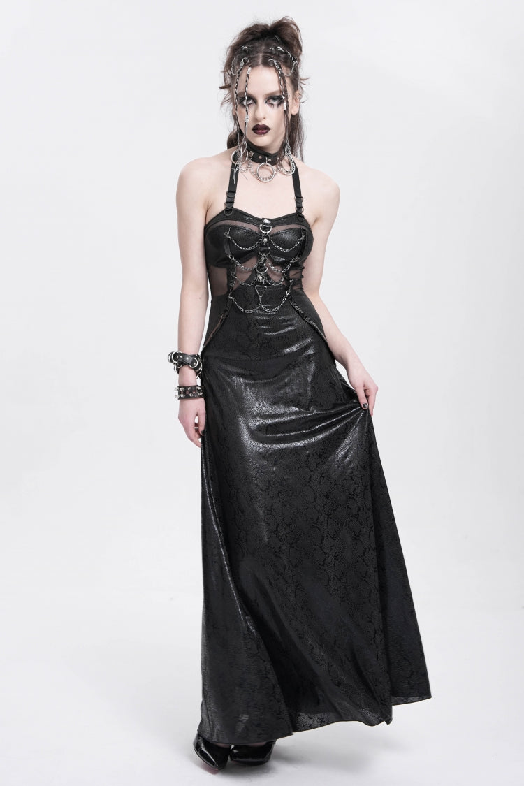 Black Halterneck Stitching Mesh Chained Women's Punk Dress