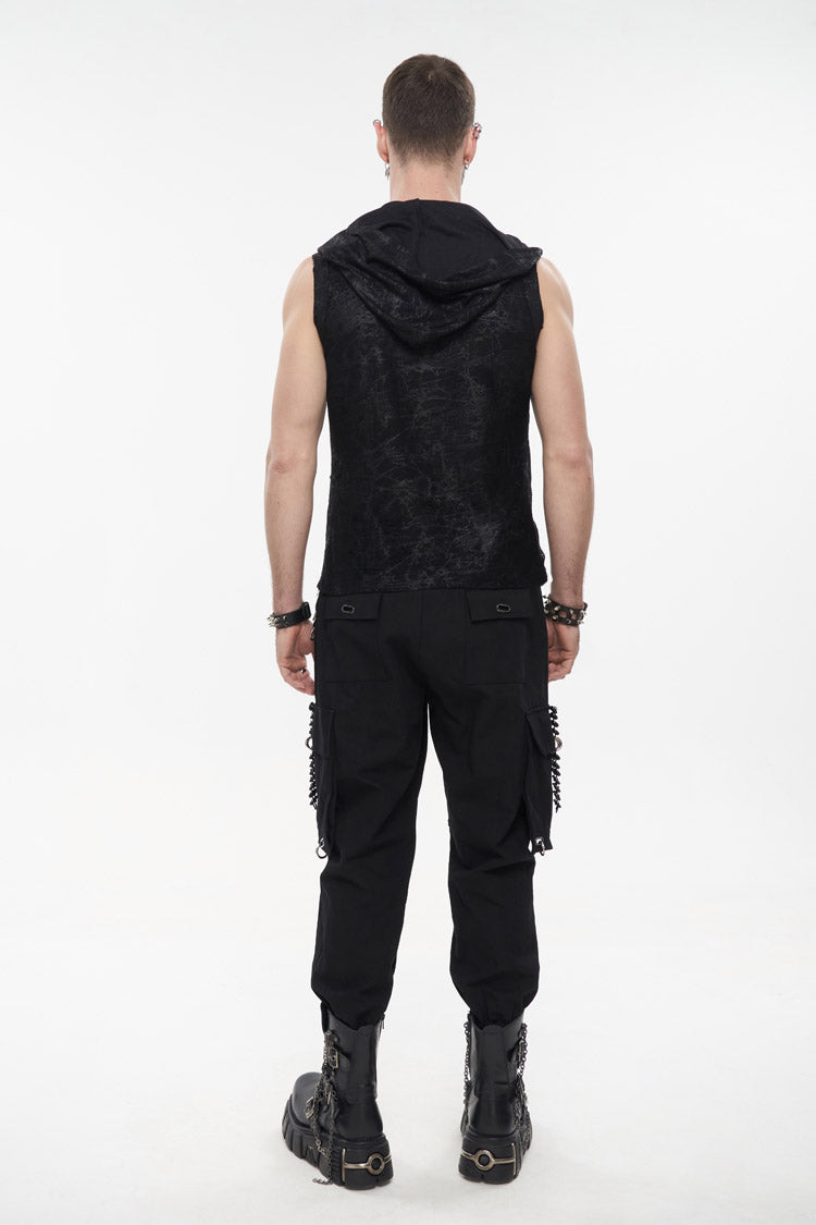 Black Skull Hollowed Out Print Stitched Sleeveless Chain Hoodie Men's Punk Shirt