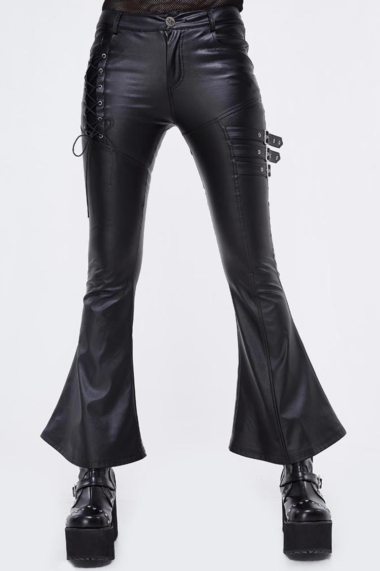 Black Hasp Leather Side Lace-Up Leather Tight Flared Women's Punk Pants