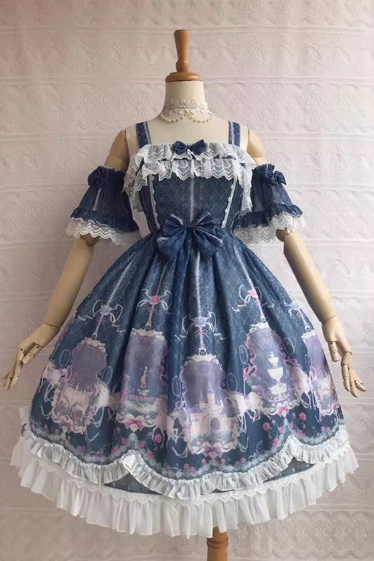 Süßes Lolita-JSK-Kleid mit Rüschen und Schleife im Unicorn's Secret Garden-Print, 7 Farben