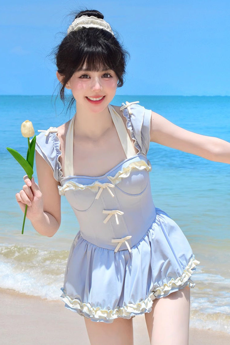 Blue Halterneck Ruffle Bowknot Sweet College Style Lolita One-piece Swimsuit