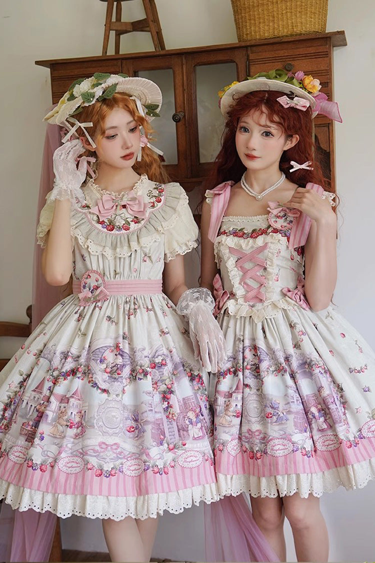 Süßes Lolita-Prinzessinnenkleid im Vintage-Stil mit mehrfarbigem Himbeer-Wein-Brau-Aufdruck (OP &amp; JSK)