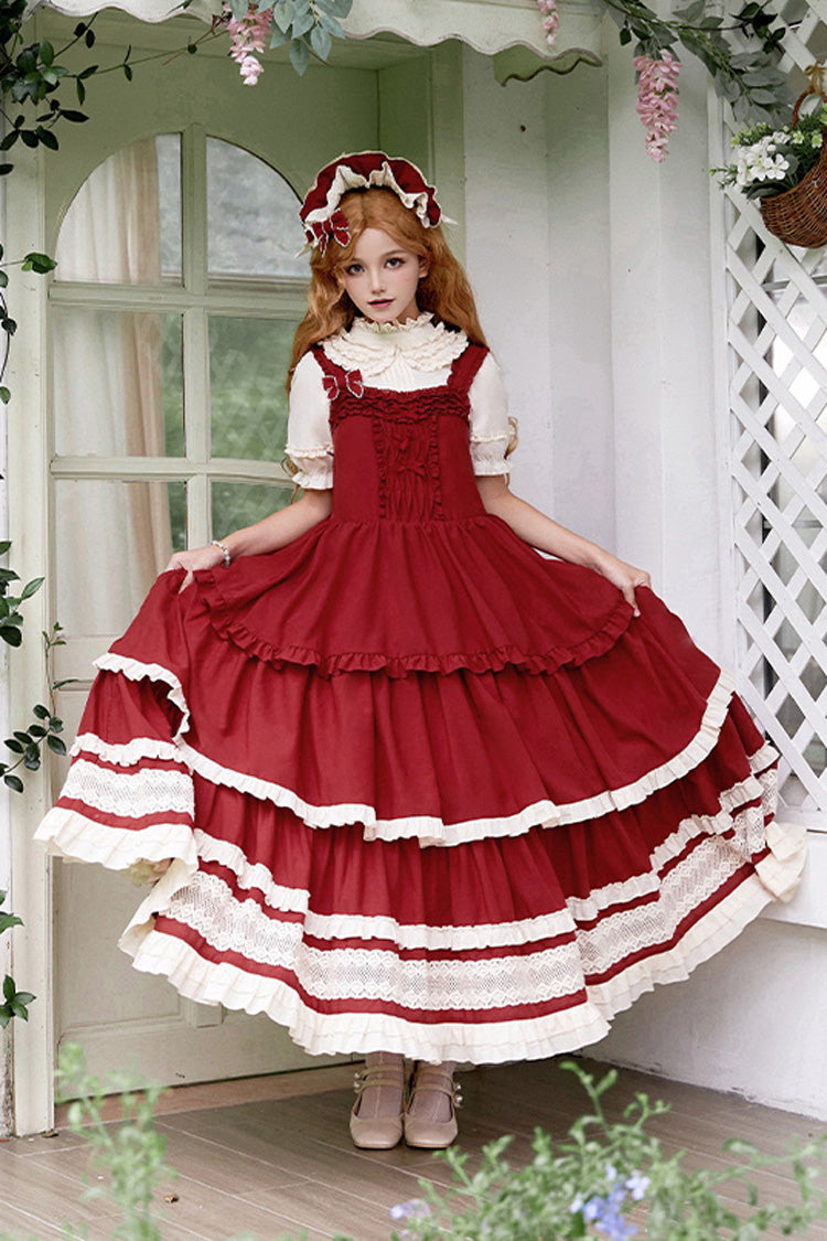 Rotes [Lily] Mehrlagiges Rüschenspitzen-Klassisches Elegantes Lolita Jsk-Kleid