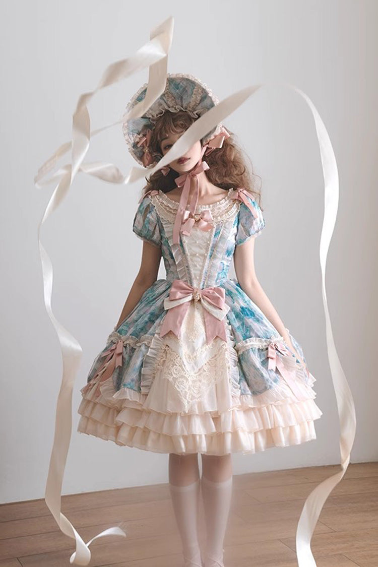 [Angel Heart Sky Oil Painting] Print Ruffle Cardigan Bowknot Sweet Princess Lolita Dress 3 Colors