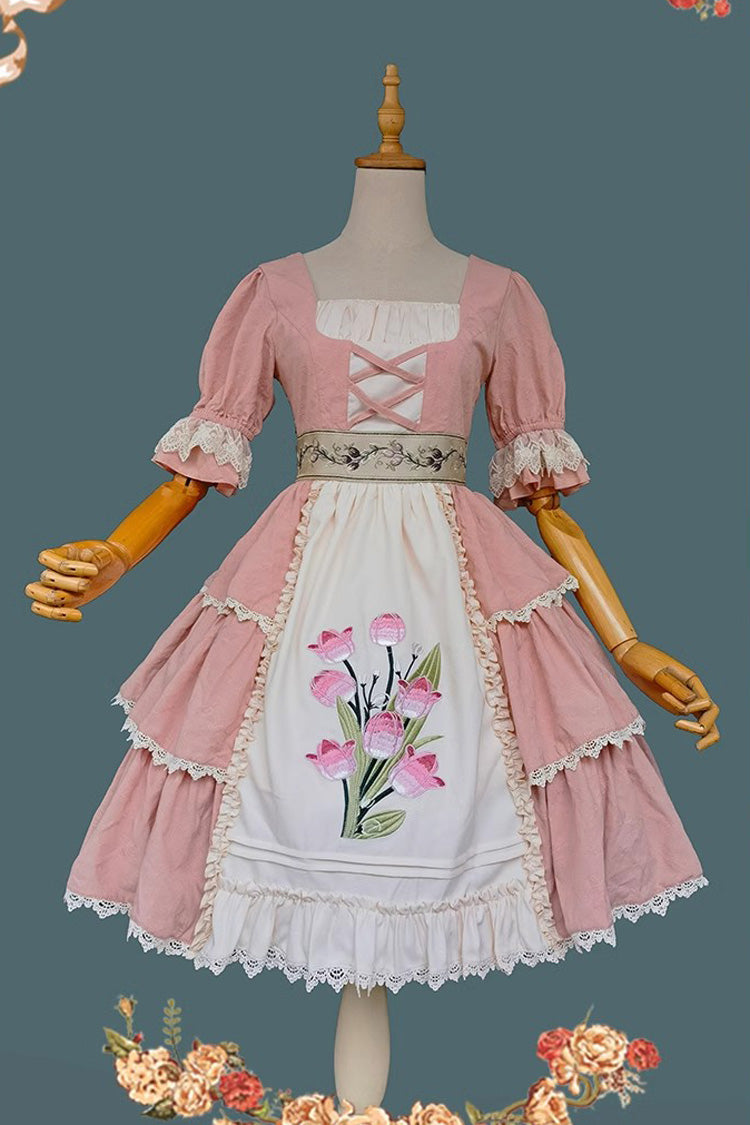 Tulpendruck Stickerei Kurze Ärmel Mehrschichtig Süßes Elegantes Lolita Jsk Kleid 3 Farben