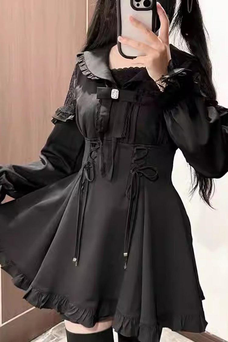 Black [Truffle Forest] Long Sleeves Ruffle Stitching Lace-Up Jirai Kei Japanese Dress Shorts Set