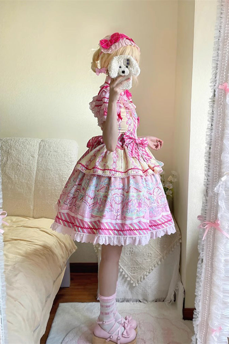 Gelb/Rosa Sweet Lolita JSK Kleid mit Rüschen und Schleife im Candy Park-Print