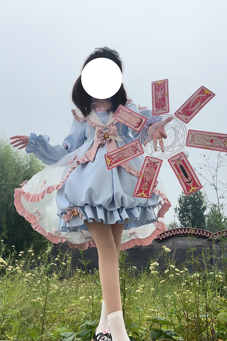 Blue Long Sleeves Music Notes Print Ruffle Bowknot Lace Sweet Lolita Dress