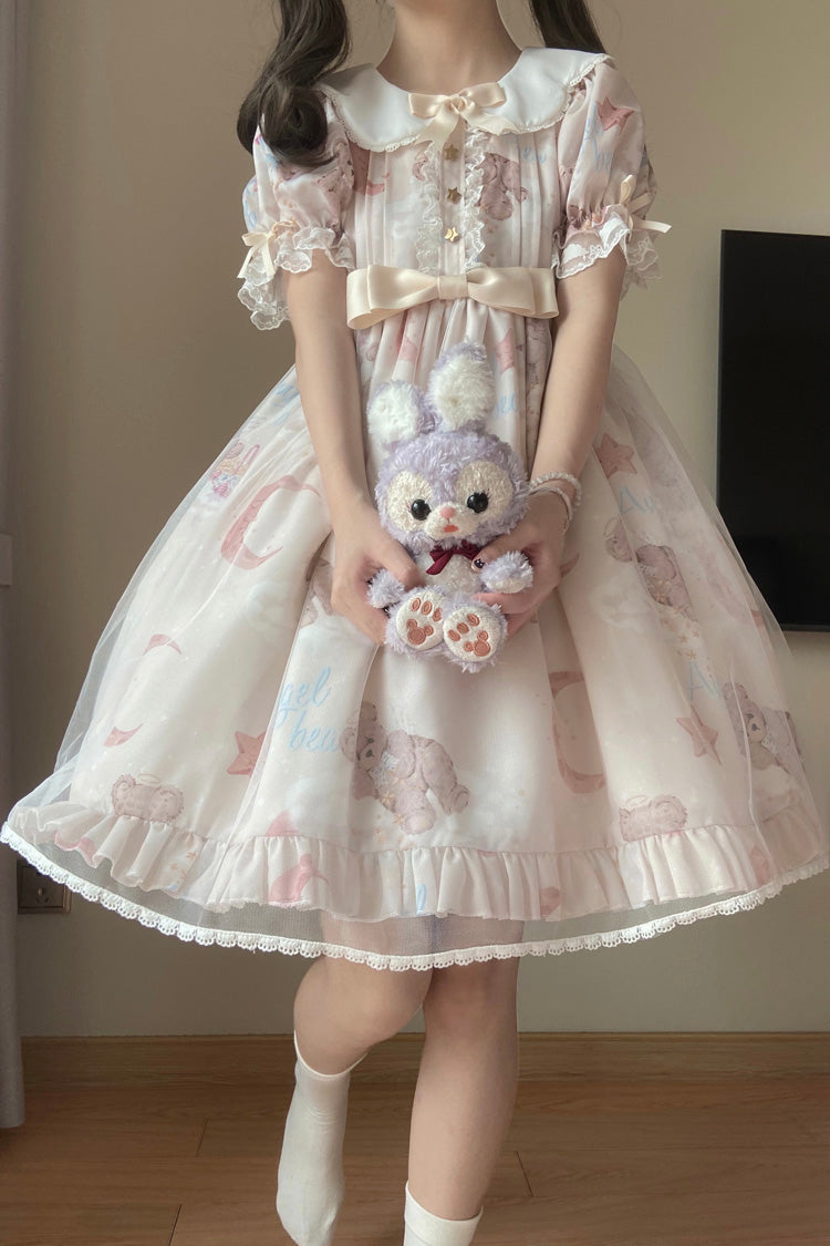 Star Wishing Bear Print Short Sleeves Bowknot Sweet Lolita Dress 2 Colors