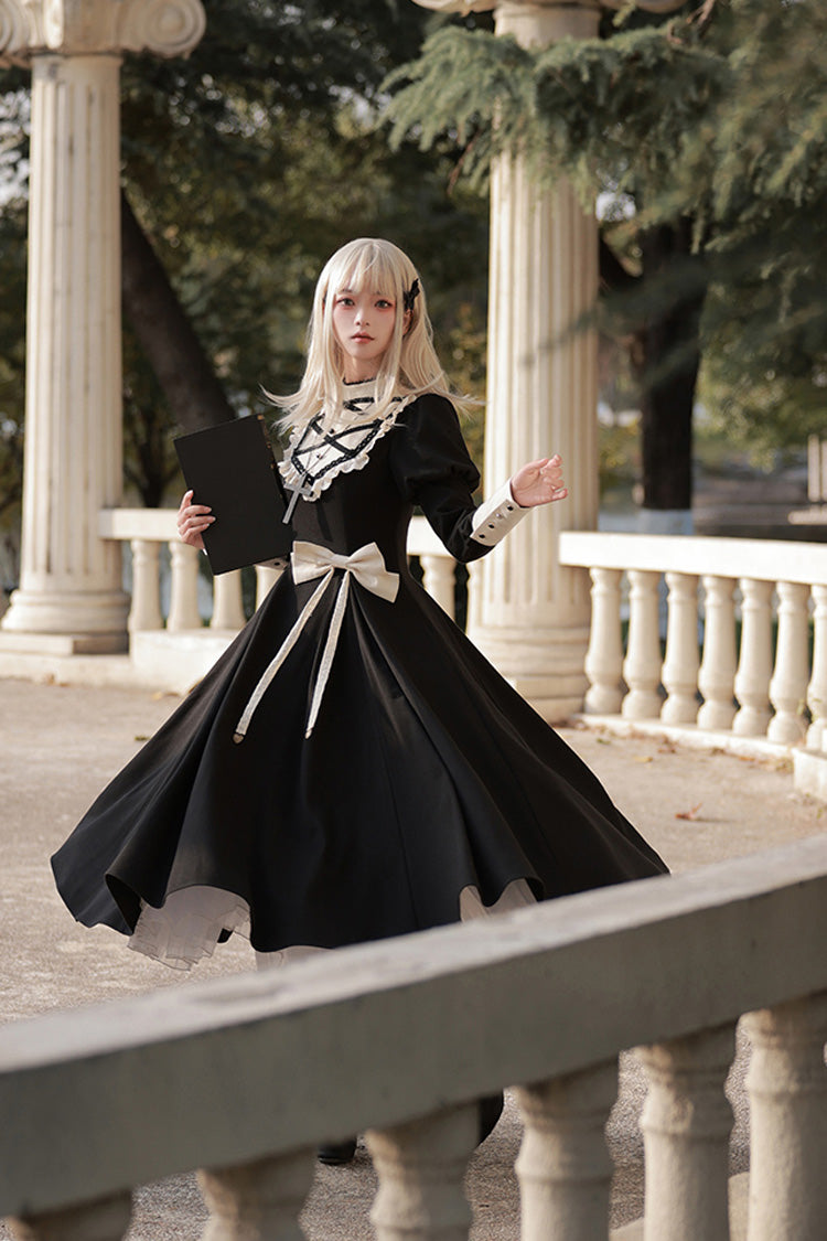 Schwarzes Lolita-Kleid im Nonnenstil mit Stehkragen und langen Ärmeln, Rüschen und Schleife