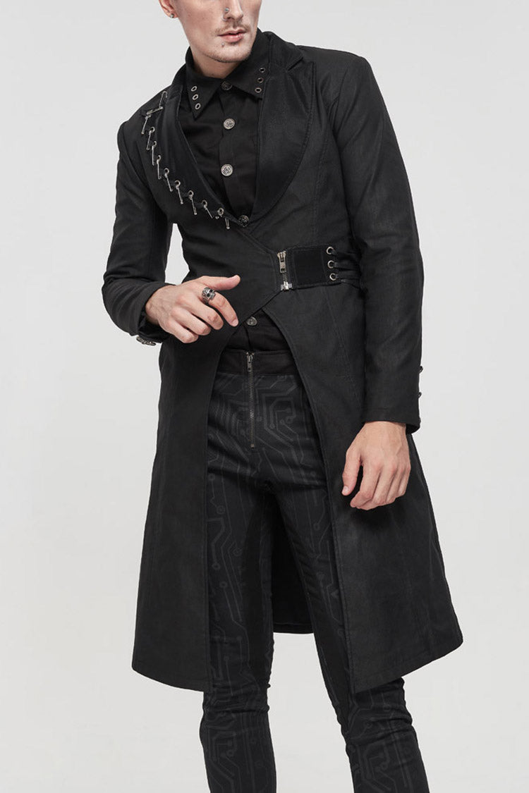 Black Punk Twill Imitation Leather Metal Pin Decoration Drawstring Design Long Men's Coat