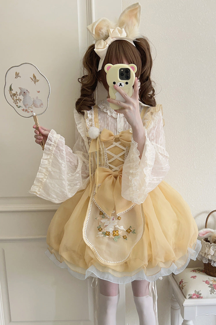 Yellow [Moon Rabbit Shadow] Embroidery Ruffle Bowknot Lace Sweet Lolita Jsk Dress