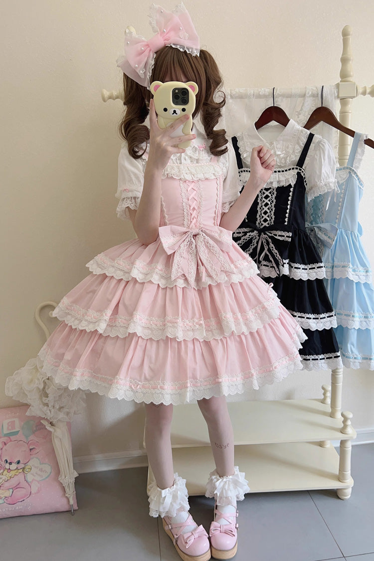 Pink [Maiden Heart] Triple-Layered Ruffle Bowknot Lace Sweet Lolita Jsk Dress