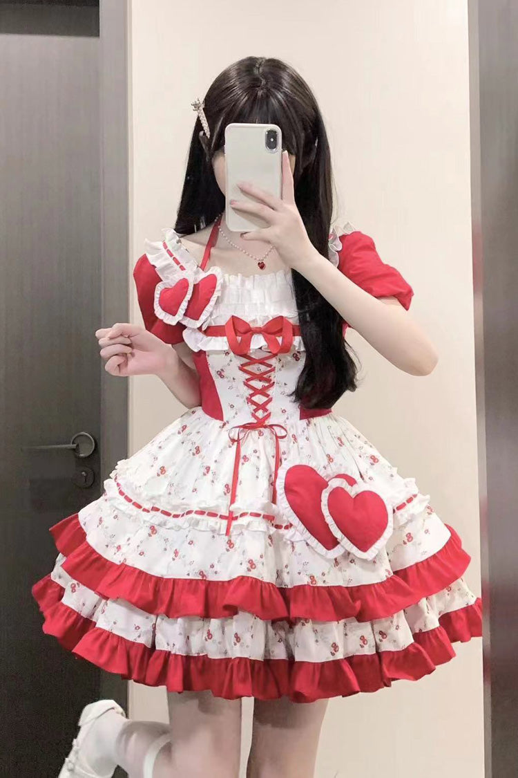 Red Double-Layered Floral Print Ruffle Bowknot Sweet Lolita Dress