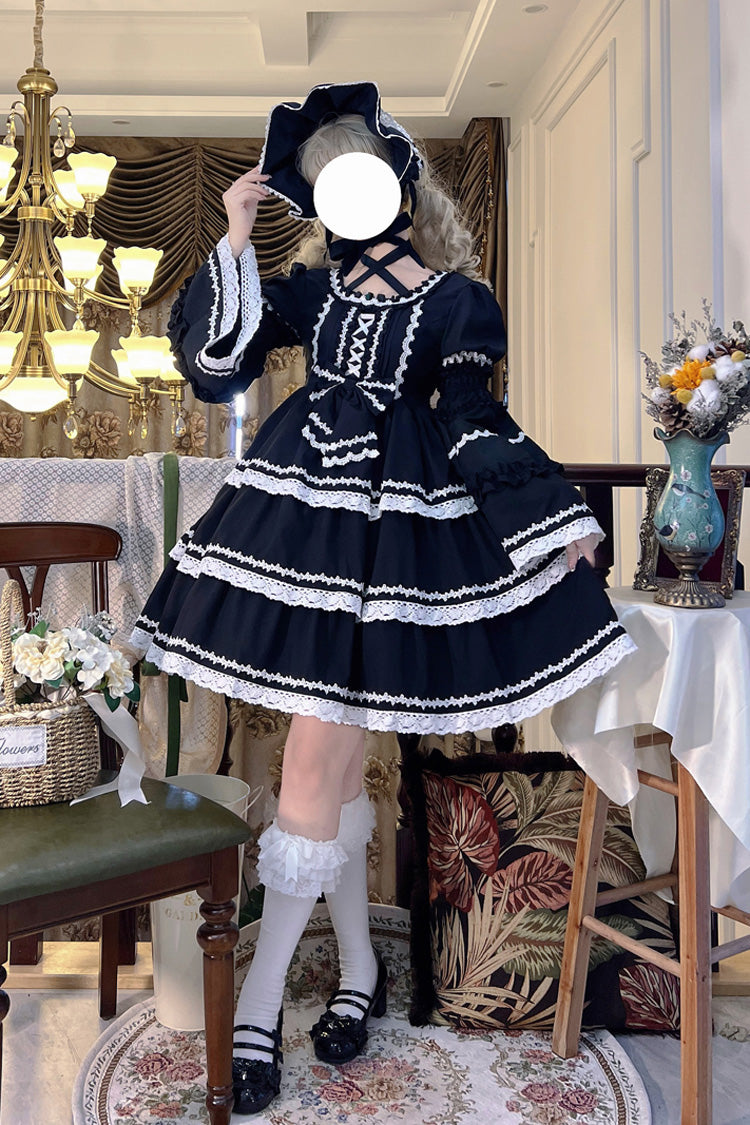 Schwarzes dreilagiges Gothic Lolita Kleid mit abnehmbaren Ärmeln und Schleife zum Schnüren