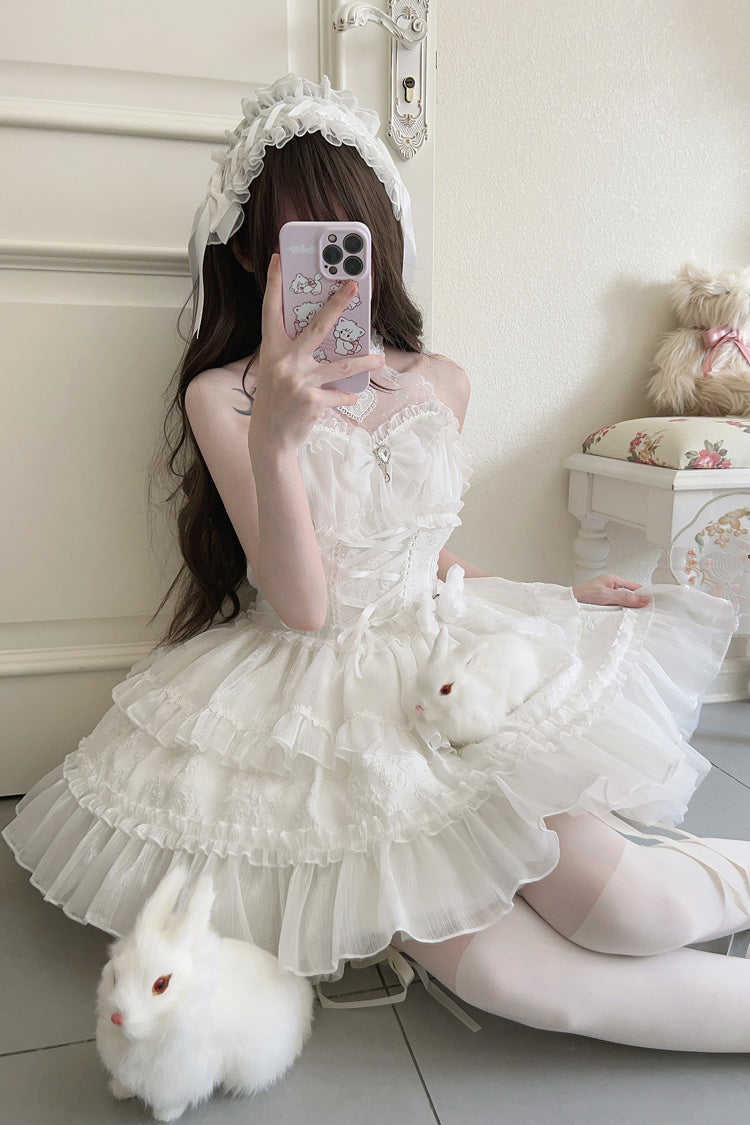 White Halterneck Triple-Layered Bowknot Lace Sweet Lolita Jsk Dress