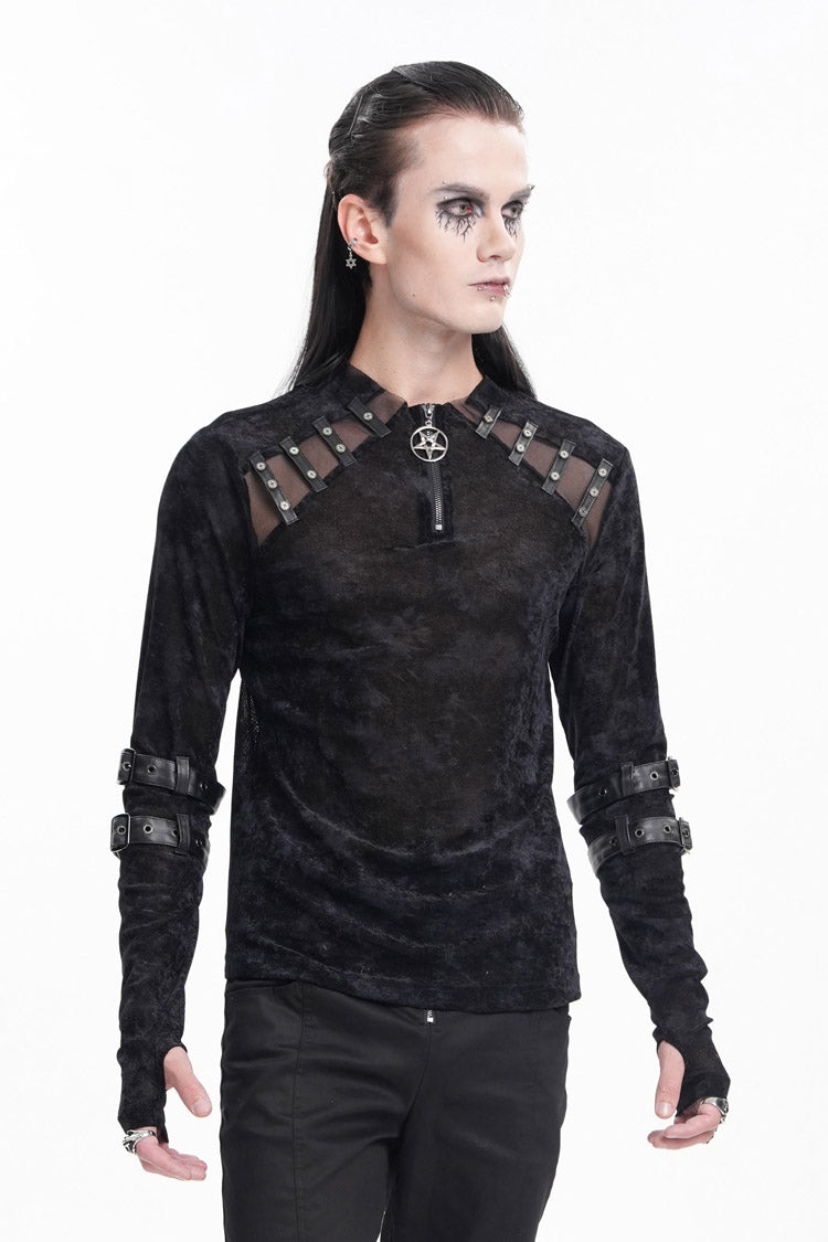 Black Round Collar Long Sleeves Buckle Star Studs Men's Gothic T-Shirt