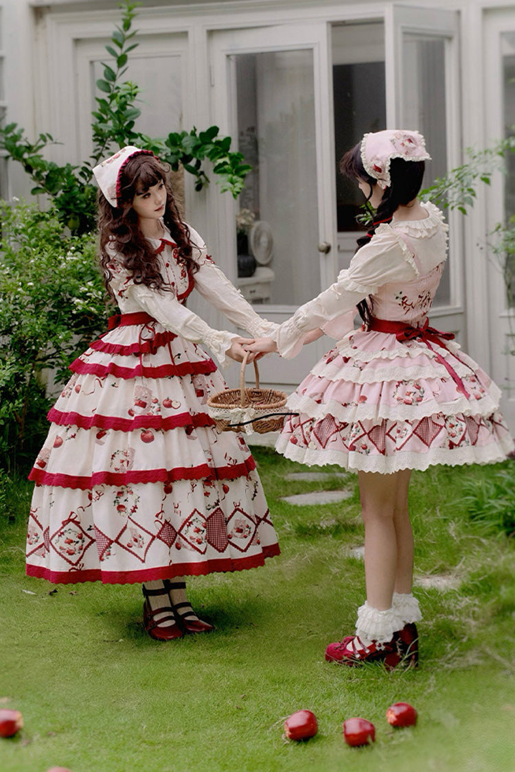 Red/Beige Triple-Layered [Apple Orchard] Print Ruffle Embroidery Sweet Lolita Long Skirt