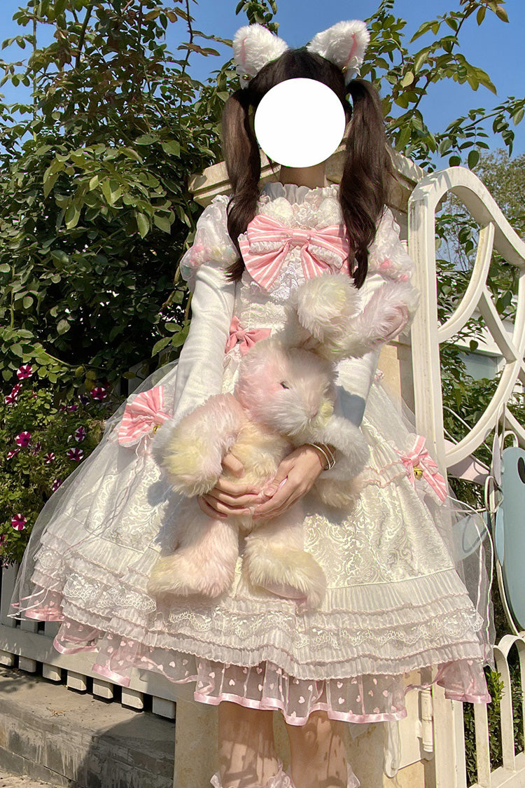 White/Pink Magic Meow Ruffle Bowknot Sweet Princess Lolita Jsk Dress