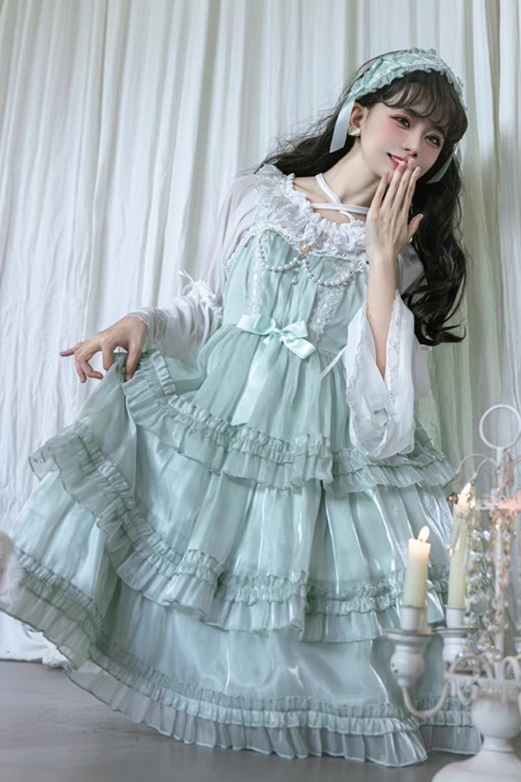 Green Starry Gauze Love Song Three-Tiered Ruffle Bowknot Sweet Lolita Tiered JSK Dress