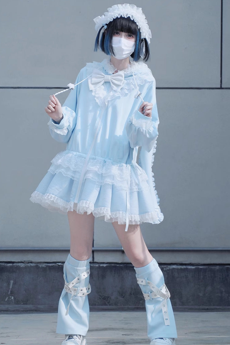 Blue Rabbit Ears Hooded Bowknot Lace Sweet Lolita Coat Set