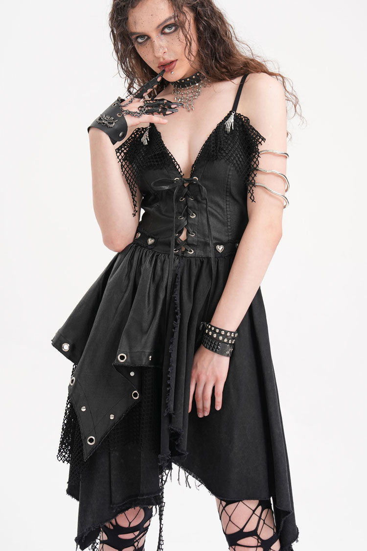 Black Sleeveless Lace Irregular Mesh Women's Gothic Slip Dress