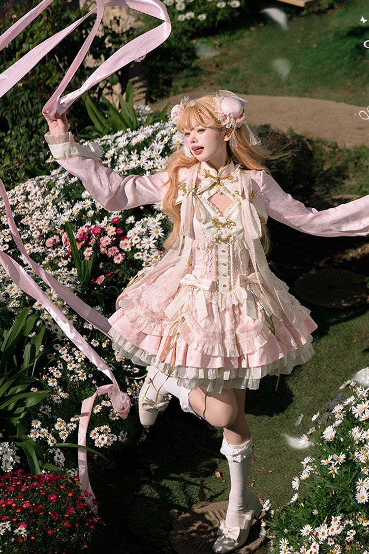 Pink White Pear Dream Multi-layer Ruffle Lace Sweet Chinese Style Princess Lolita Jsk Dress