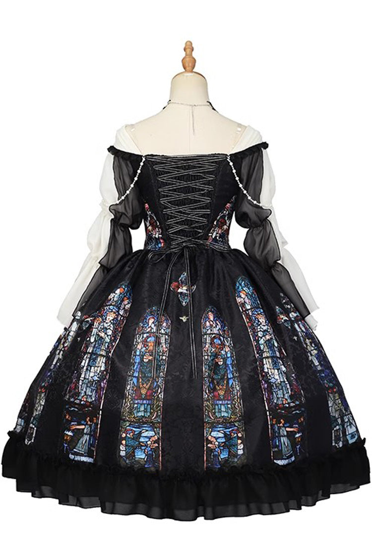 Black Stained Window Print Ruffle Bowknot Gothic Elegant Lolita Jsk Dress