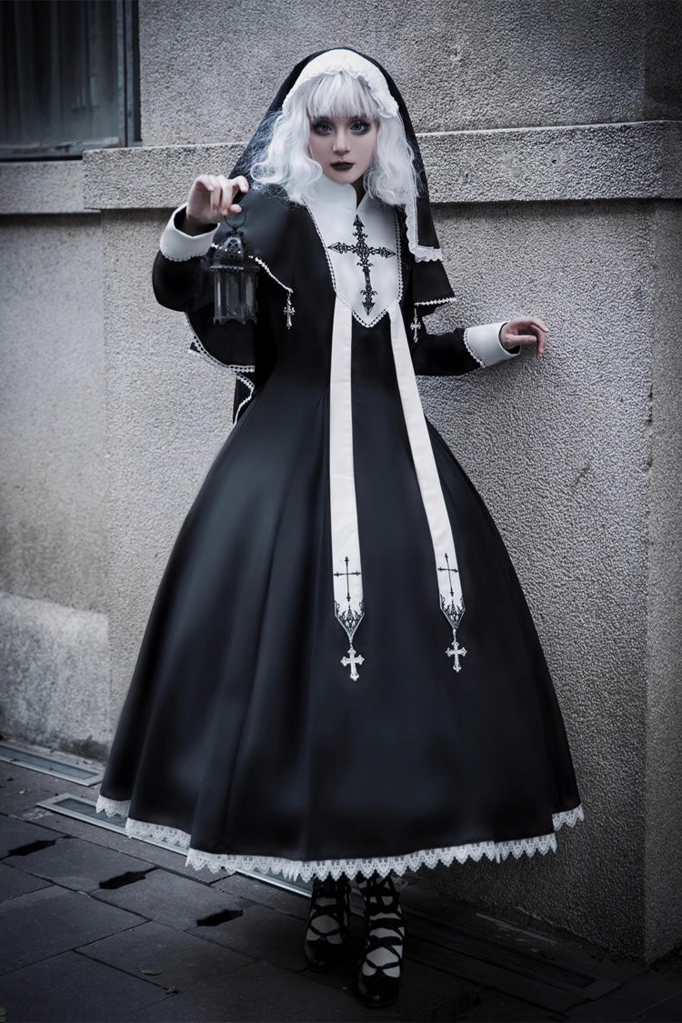 Black [Nun] Long Sleeves Print Stitching Lace Gothic Elegant Lolita Dress