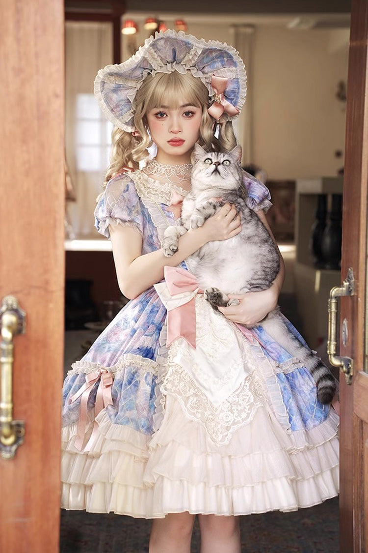 [Angel Heart Sky Oil Painting] Print Ruffle Cardigan Bowknot Sweet Princess Lolita Dress 3 Colors