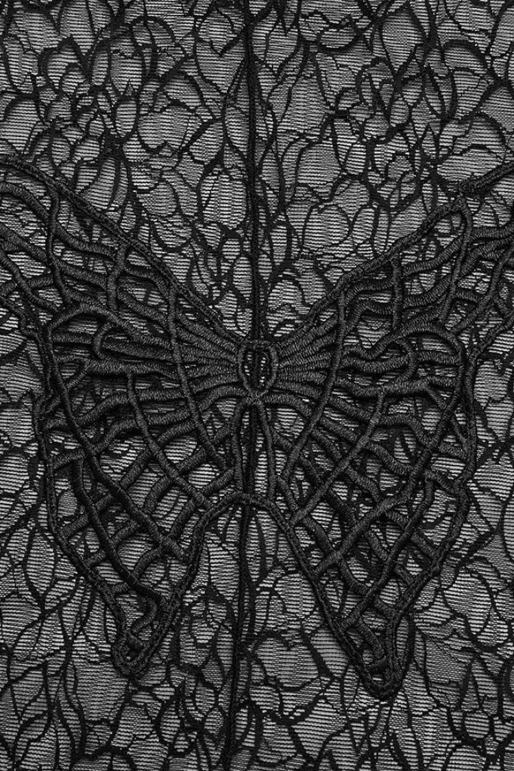 Black Long Sleeves Butterfly Embroidery Sheer Mesh Women's Gothic T-Shirt