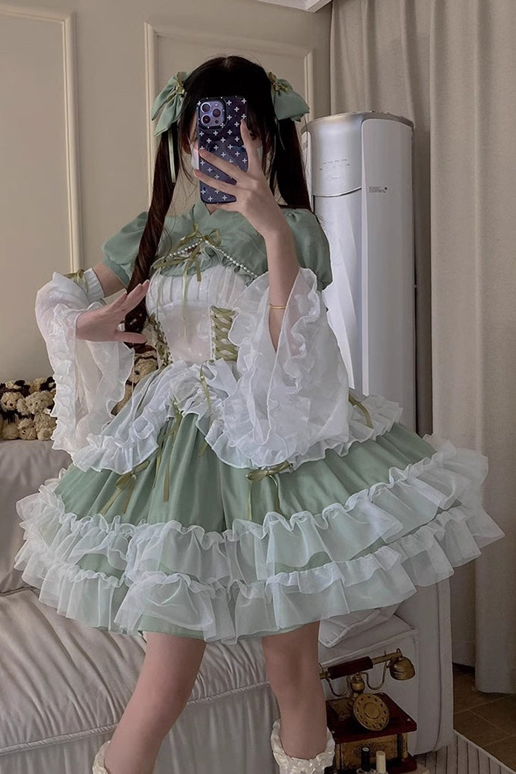 Grünes, mehrlagiges Hanayome-Spitzenkleid mit Rüschen und Schnürung in Übergröße, süßes Lolita-JSK-Kleid (kurze Version)