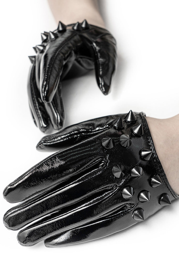 Schwarze Steampunk-Handschuhe aus Leder mit Nieten für Damen