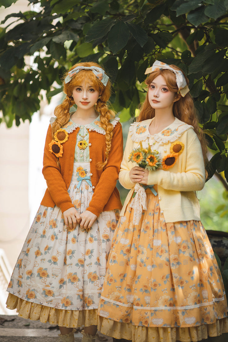 Apricot [Gardening Sunflower] Sleeveless Print Ruffle Bowknot Sweet Elegant Uplift Lolita Jsk Dress