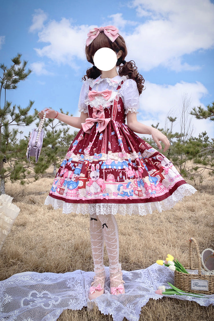 Wine Red Doll Playground Print Ruffle Bowknot Sweet Lolita Jsk Dress